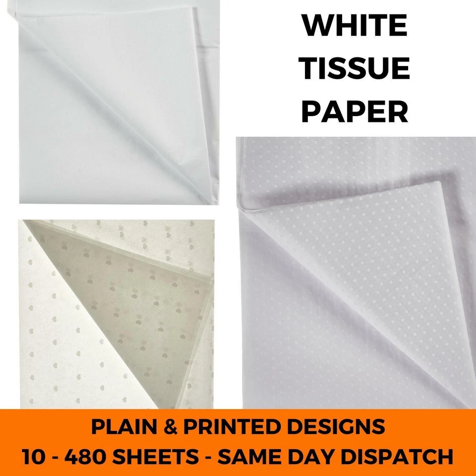 White Tissue Paper Sheets - Large Acid Free 50x75 Plain & Printed Polka Dot