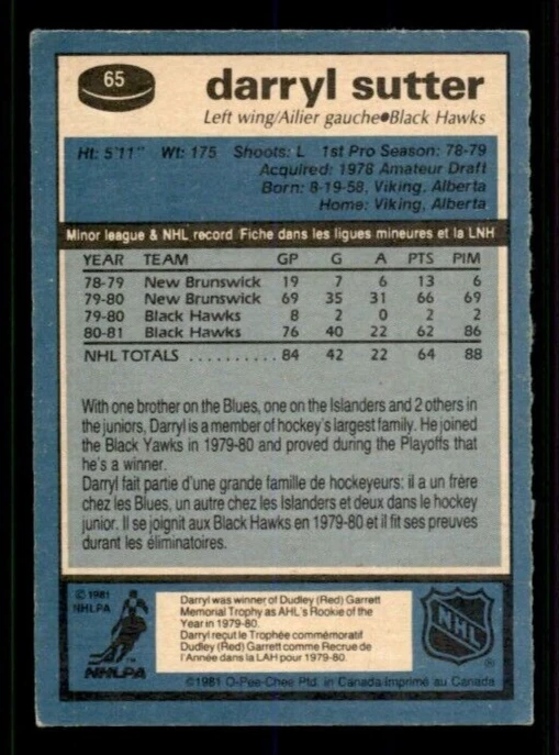 1981-82 O-Pee-Chee #65 Darryl Sutter RC VG - Image 2 of 2