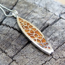 Koa Wood Hawaii Jewelry Surfboard Plumeria Rhodium Plated Brass Pendant BRP1070