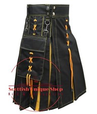Scottish Handmade Black  Yellow cotton Hybrid Utility Kilt - Custom Size Kilt