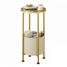 Small Round Side Table with Storage Basket, 2-Tier Round End Table for Living...