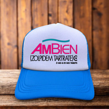 Ambien Unisex Trucker Hat Blue Snapback Sleeping Aid Melatonin Vintage Logo Cap