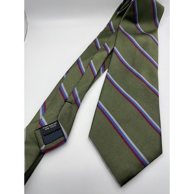 The Tie Bar Mens Silk Necktie Olive Green Red White Blue Striped Stain Resistant