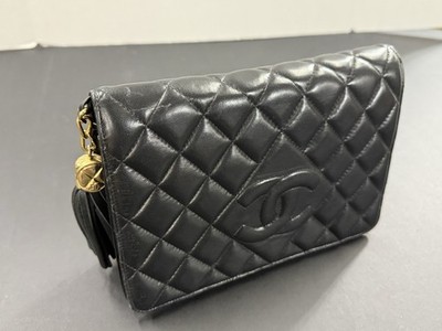 Chanel Vintage Black Quilted Lambskin CC Tassel Crossbody Bag Gold
