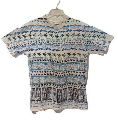 Vintage 80s 90s Surf Skate Fish Waves Ocean Short Sleeve Cotton Shirt SZ LG Flaw