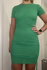 Pretty Little Thing Green Rib Short Sleeve Ruched Side Bodycon Dress