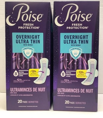 Poise Overnight Ultra Thin Pads Wings, #8 Extra Absorbent (2 Pack) 40 Count NEW