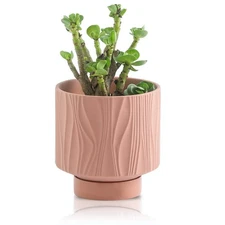 5.5 inch Ceramic Flower Pot with Drainage Tray Ochre/Terracotta Color