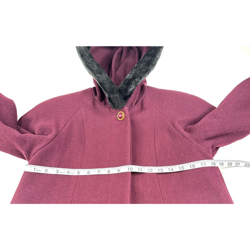 Vtg Braetan Kids Burgundy/Wine Wool Coat Girls 10 Faux Fur Trim Hooded Button - Picture 5 of 15