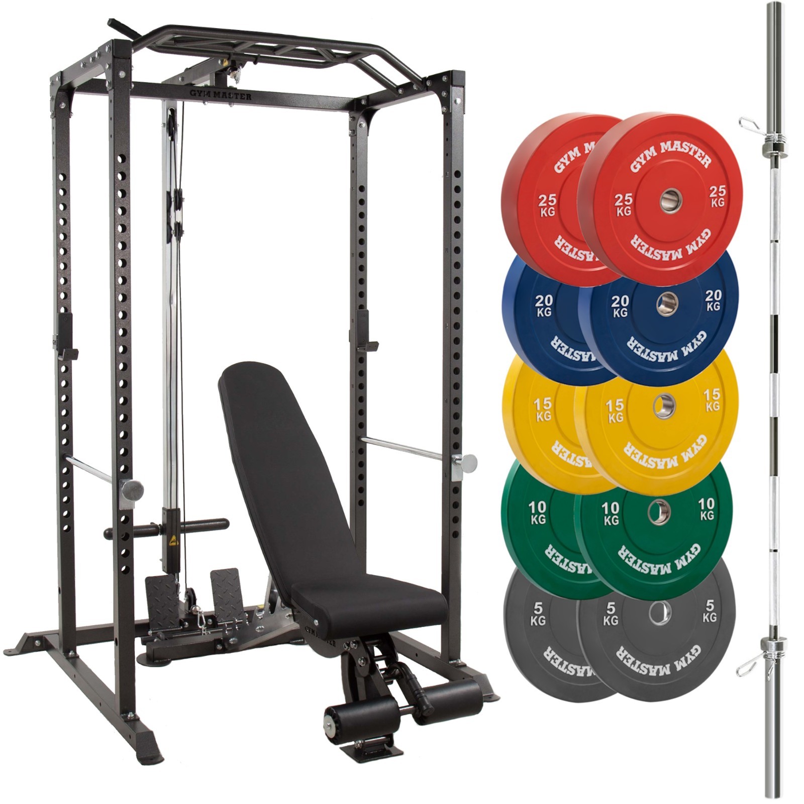 GYM MASTER GM1 Power Rack Set with Bench Barbell Coloured Bumper Weight Plates