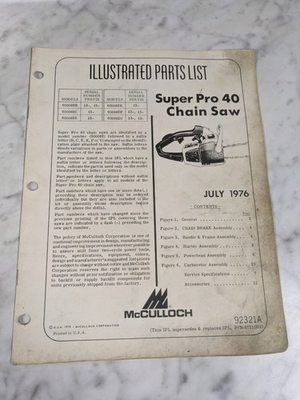 #ad MCCULLOCH PARTS LIST ILLUSTRATED MANUAL CHAIN SAW SUPER PRO 40 1976 92321A $4.54