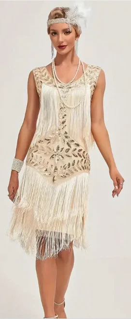FLAPPER 1920s DRESS-MED Fringed, Sequined, Apricot Tank Dress, Vintage Style - Image 4 of 4
