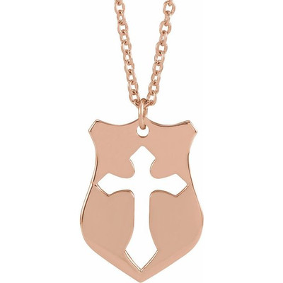 14K Rose 20.7x15.4 mm Pierced Cross Shield 20'' Necklace
