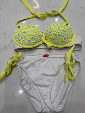 Victoria Secret Neon/white Bombshell Add 2 Cups Push Up Bikini 34B  Bottoms M