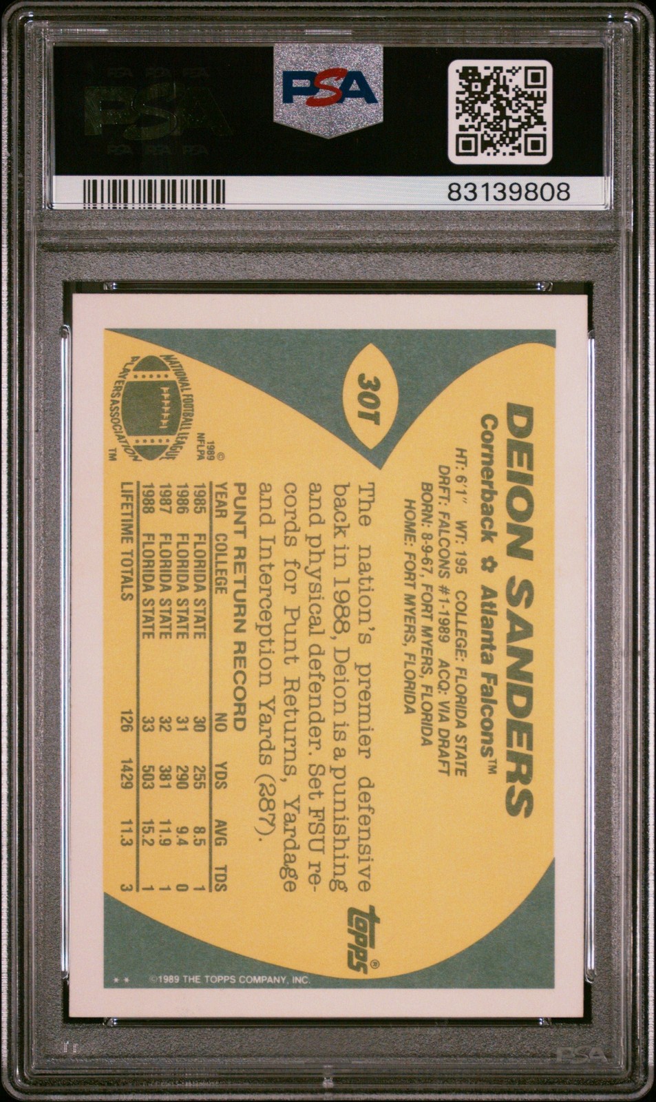 Graded 1989 Topps Traded Deion Sanders #30T Rookie RC Card PSA 10 Gem view 2
