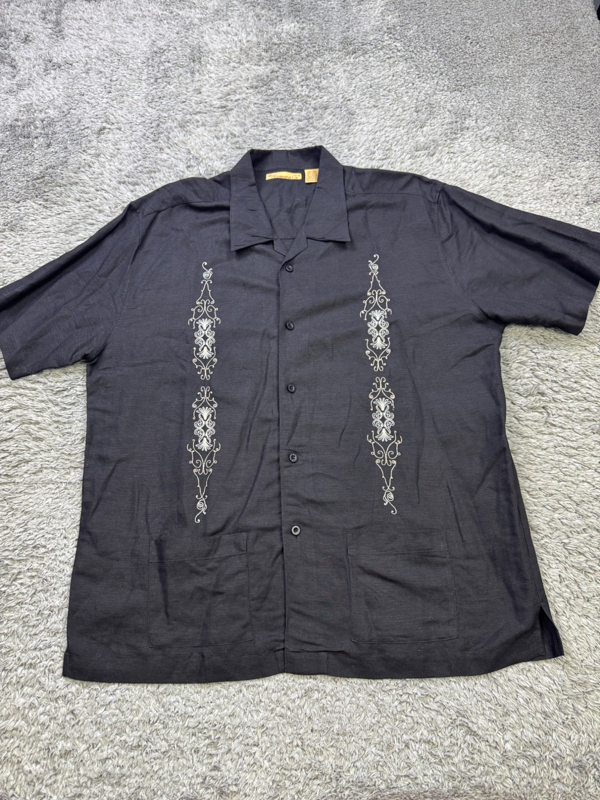 The Havanera Co Guayabera Shirt Men XL Black Linen Pleated Cuban Camp Button Up