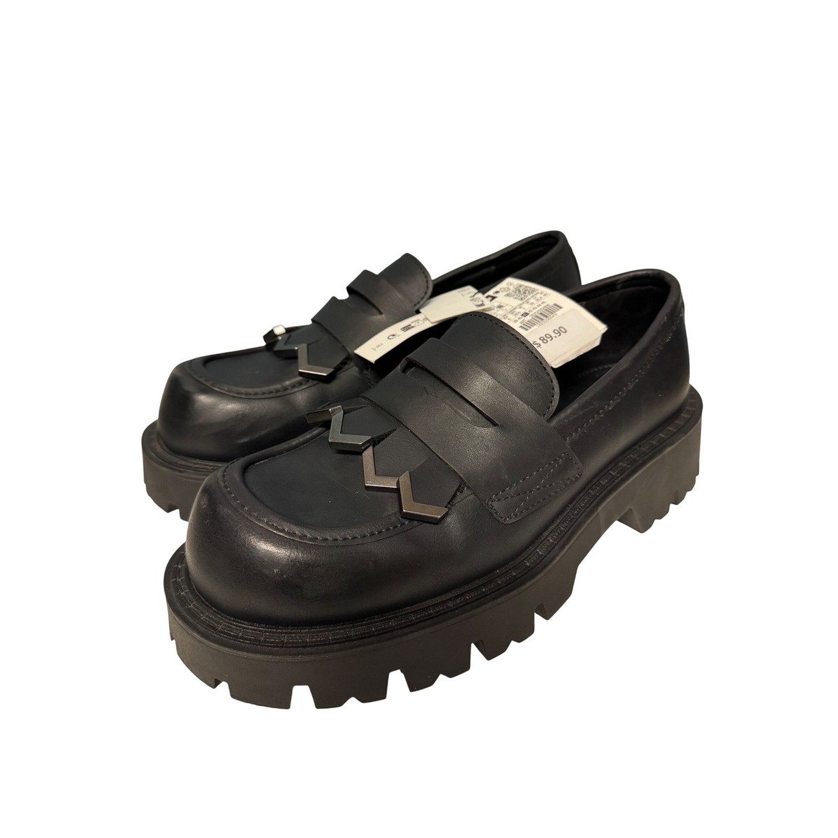 Zara Black Leather Chunky Lug Sole Loafers Metallic Detail 2625