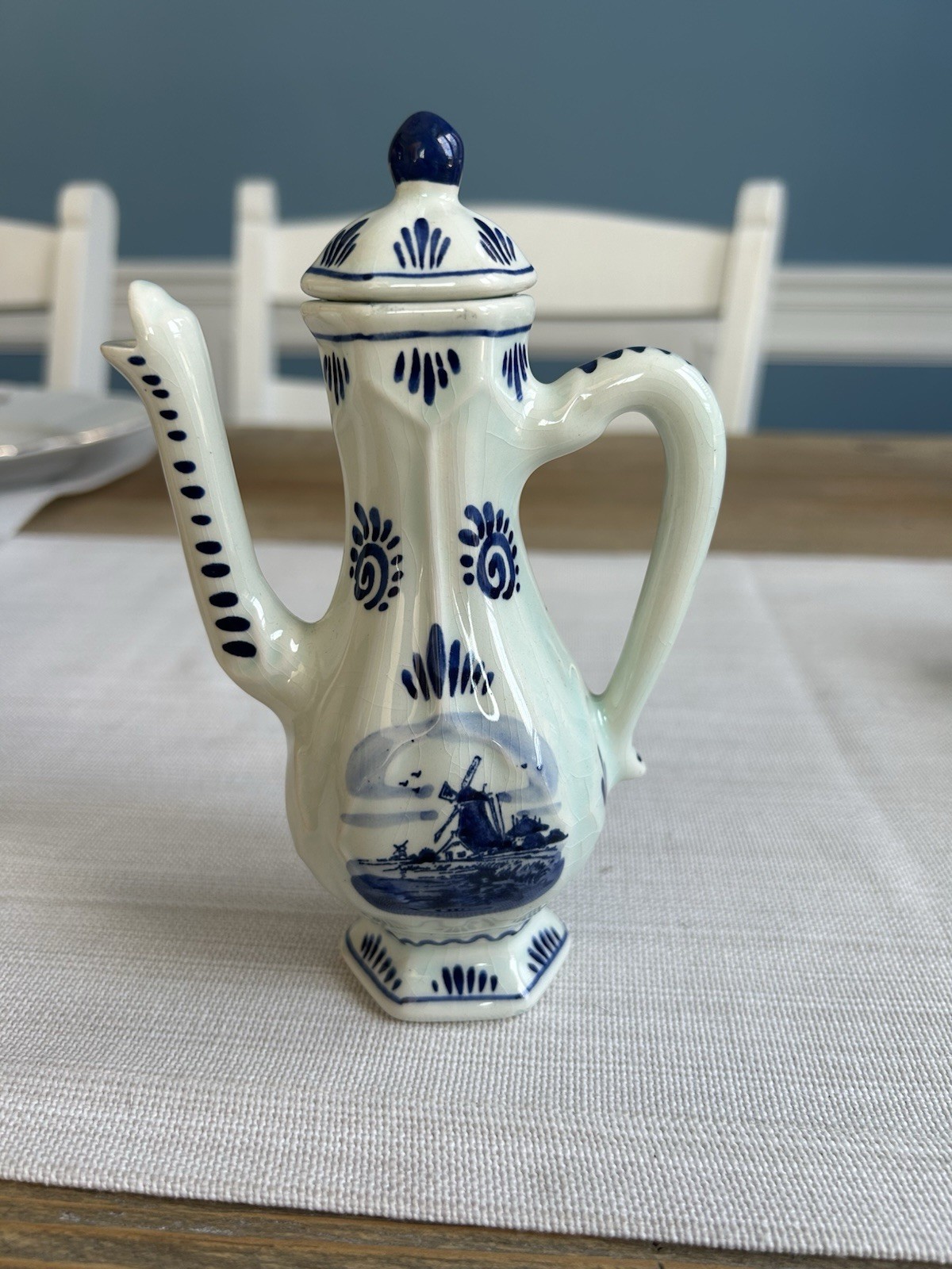 Vintage Delft Blue Mini-Coffee Pot with Lid Hand Painted Windmill Holland #1860