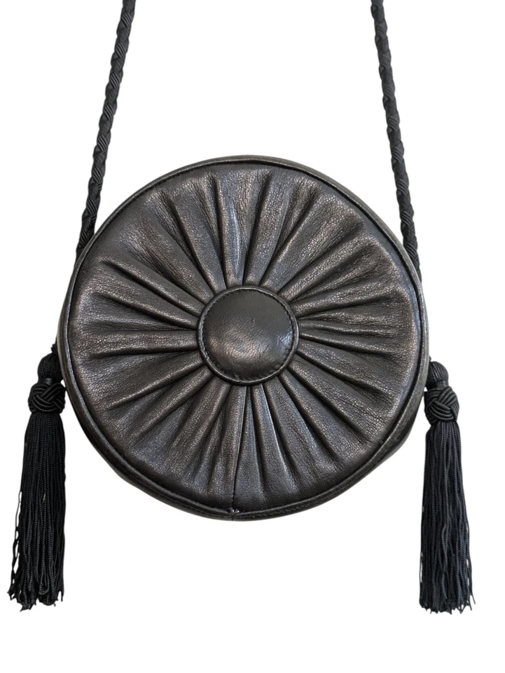 Vintage CAREY ADINA NYC 1988 Geometric Soft Black Leather Round Crossbody Bag - Image 2 of 4