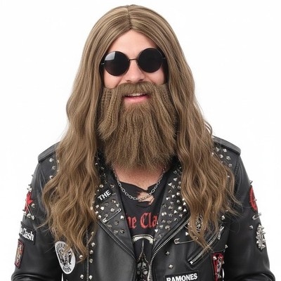 Long Ombre Blonde Men Wigs with Beard Heat Resistant Wavy 80s Wig for Hippie ...