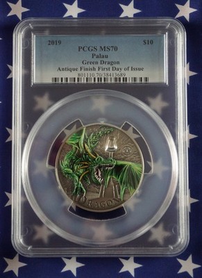 2019 Palau Green Dragon 2oz .999 Silver PCGS MS70 First Day Issue