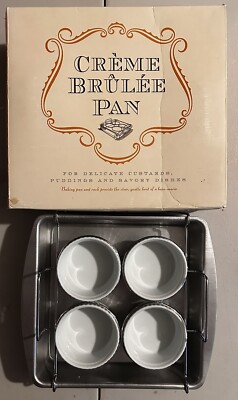 NEW Williams Sonoma Crème Brûlée Pan Rack + 4 Ramekins Set : Custards Puddings +