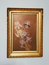 F.W. Devoe & Co. Board Antique Gold Gilt Wood Framed Purple Iris Oil Painting