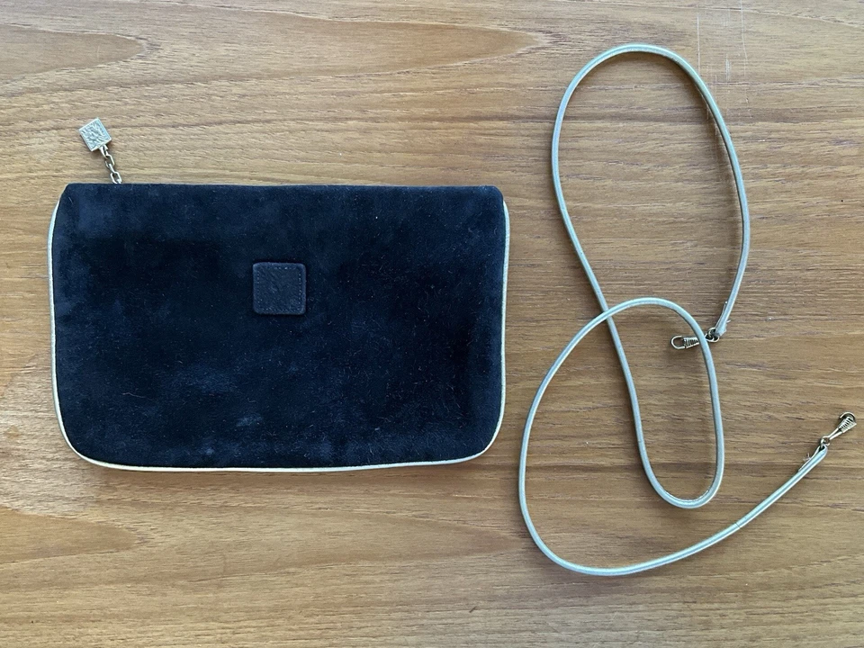 复古 Anne Klein 适用于 Calderon 黑色麂皮绒手拿包 单肩包 金色装饰 — 第 3/4 张图片