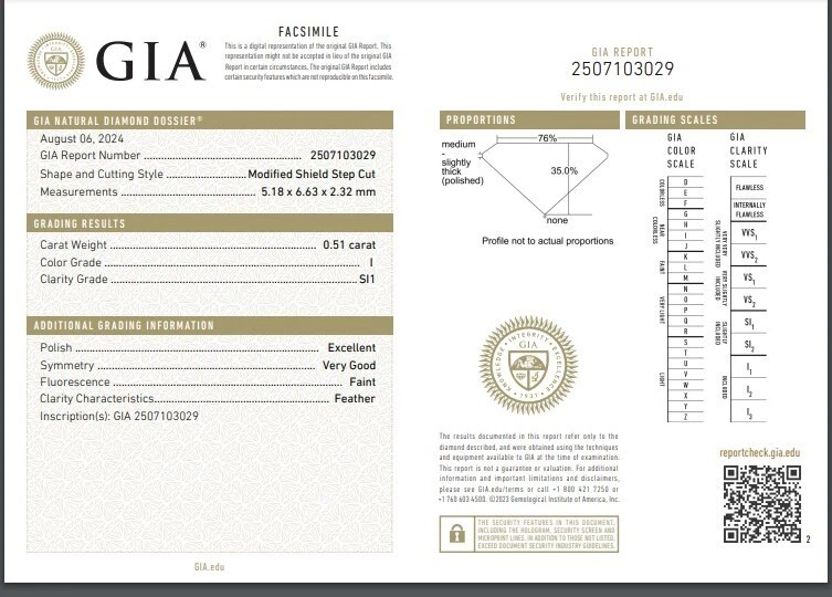 0.51 Ct GIA Certified Natural Diamond I/SI1 Rare Fancy Shield Step Cut 6 x 5 mm - Image 3 of 4