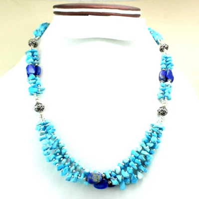 Collier en perles naturelles turquoise lapis-lazuli, bijoux en perles faits main - Photo 1/2