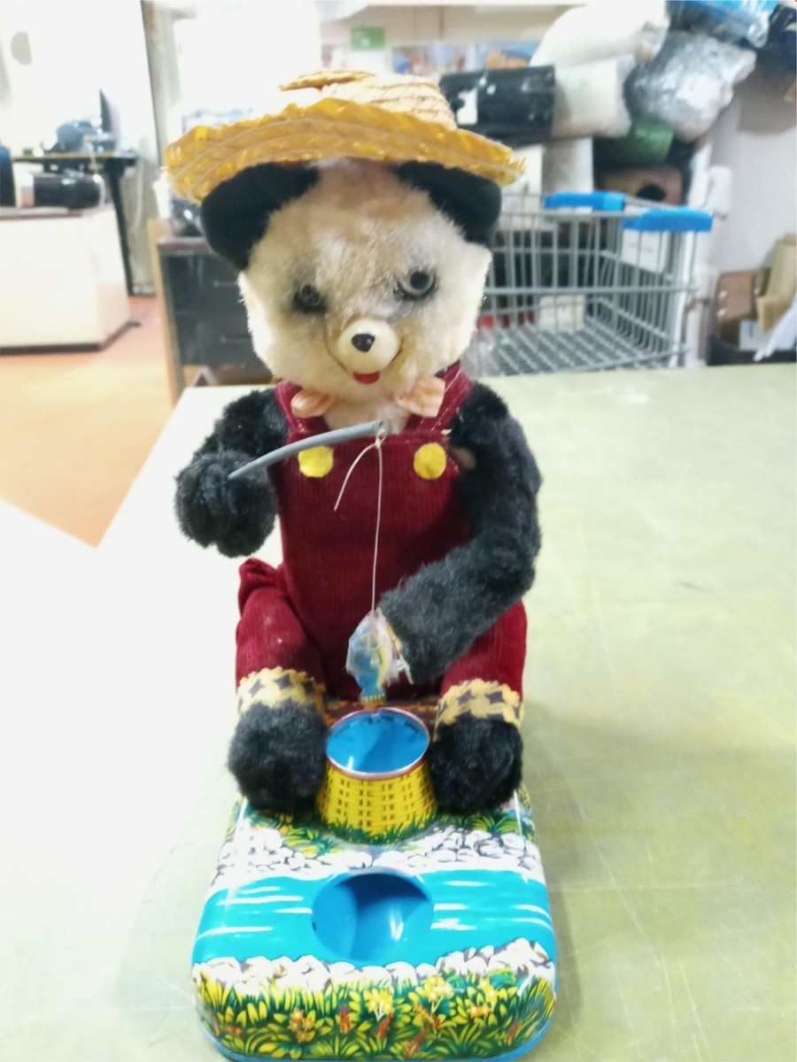 Vtg Working 1950's Battery Operated Fishing Panda Bear Tin Litho