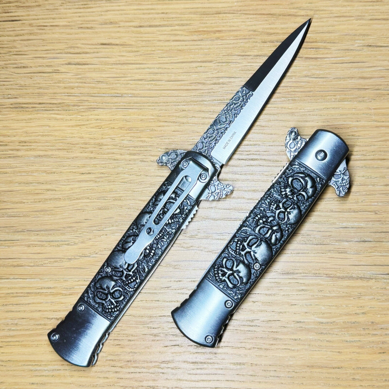 9" Skull Silver Stone Spring Assisted Folding Pocket Stiletto Needle Knife Blade