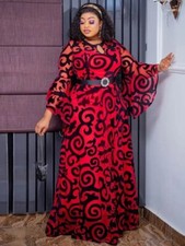 african Elegant Dress Size Large With Belt . Dress Mesh Red Fabric Wit Black Ve