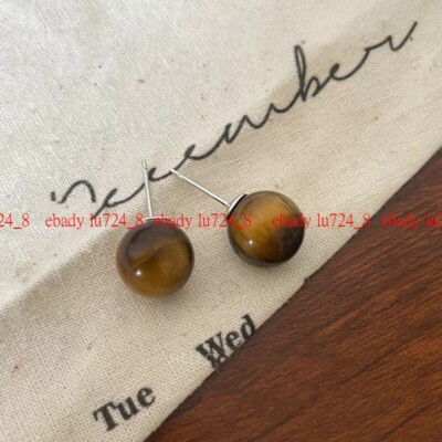 Beautiful 10mm Natural Yellow Tiger Eye Round Gemstone Beads Silver Earrings