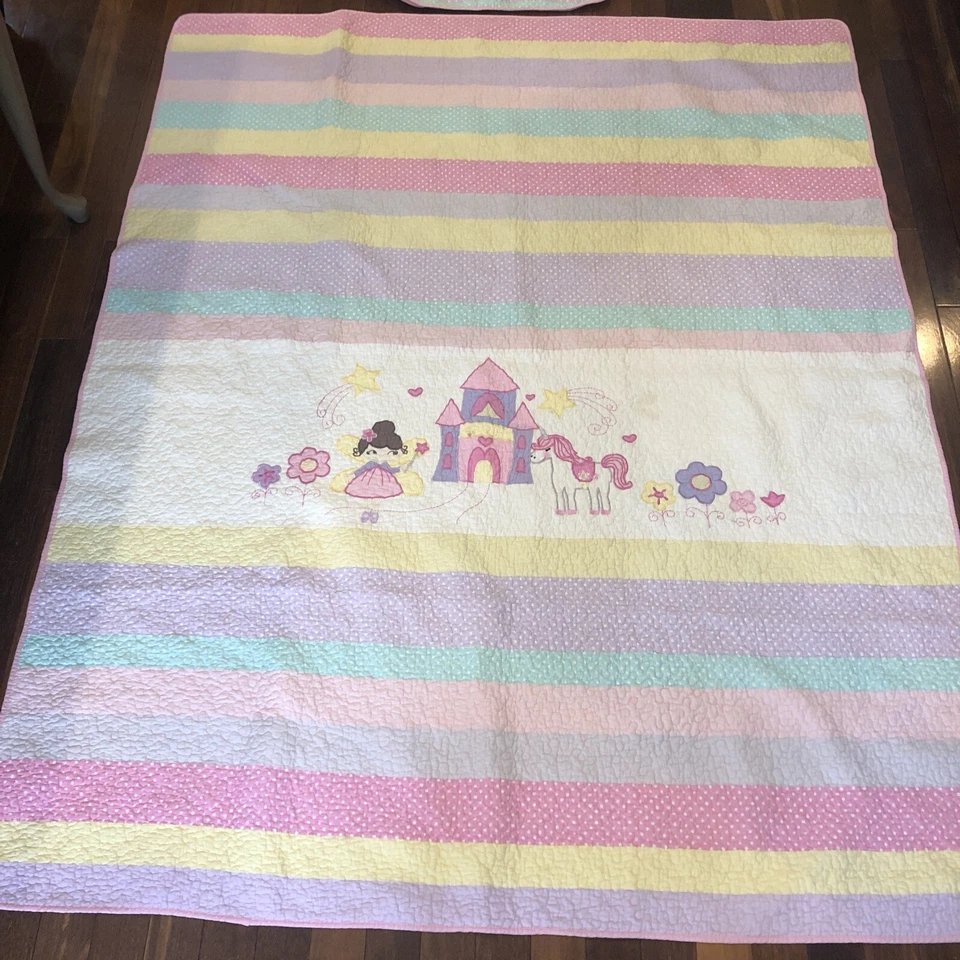 Cynthia Rowley Little Girls Twin Sz Quilt & Pillow Sham Fairy Unicorn Castle - Image 4 of 4