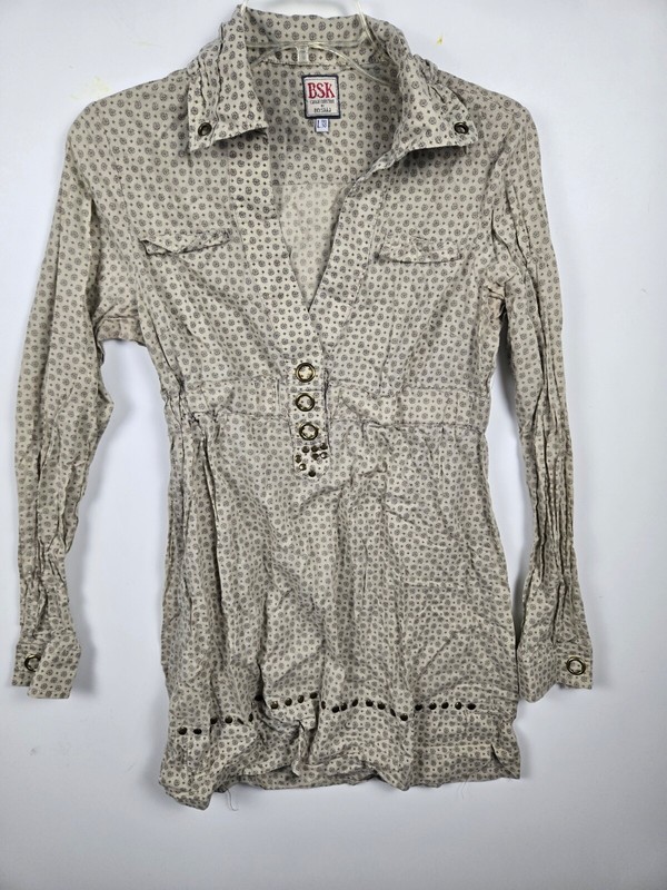 Bsk by Bershka Blouse Womens Large Beige Geo Print Double Pocket Long Sleeve