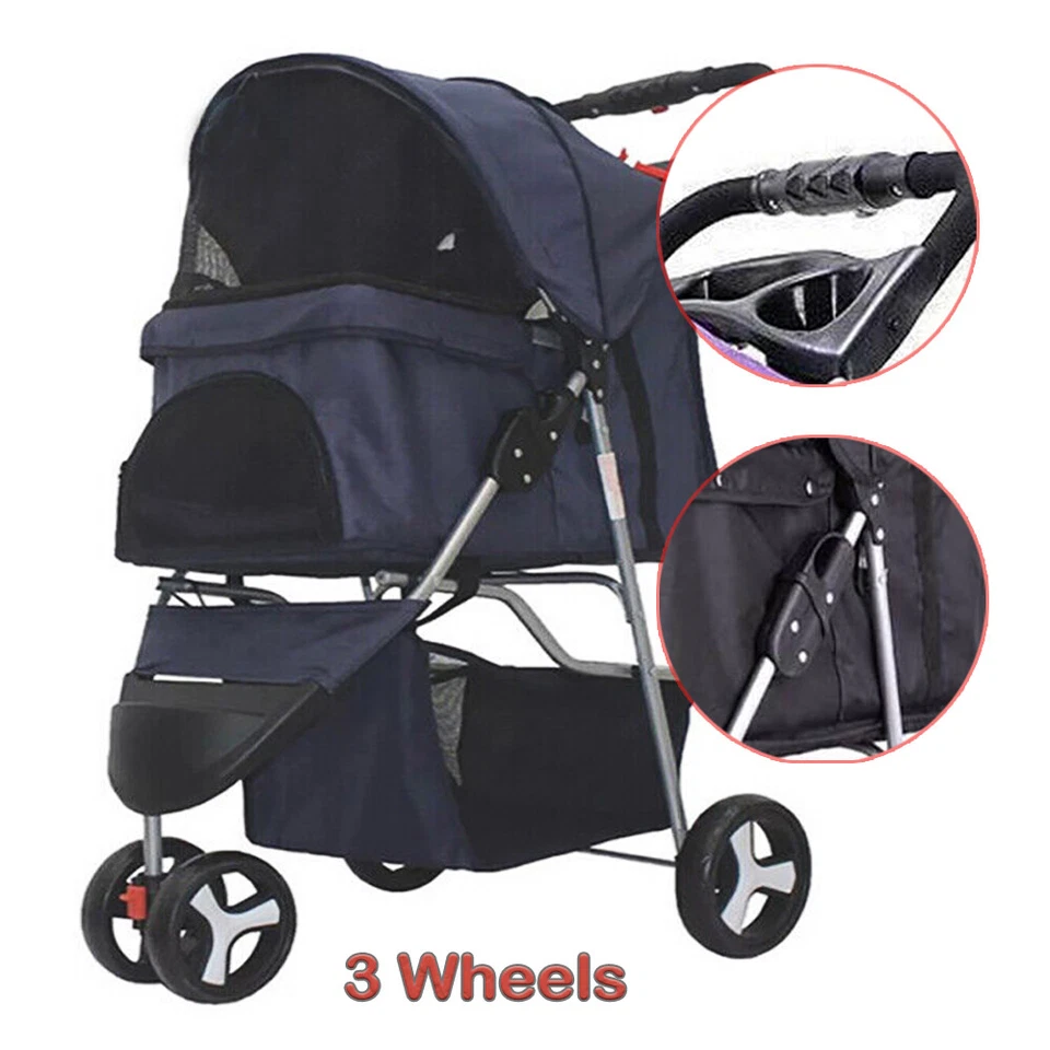 Foldable Pet Strollers 3 Wheels Carrier Cart w/Cup Holder fr Cats&Dogs Navy Blue - Image 4 of 4