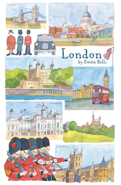 Emma Ball ""London"", Pure cotton tea towel. Printed in the UK.