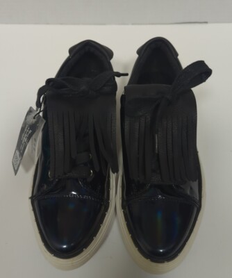 SixtySeven Patent Leather Fringed Ladies Oxfords Black Sz 5.5 EU 36 Lace Up