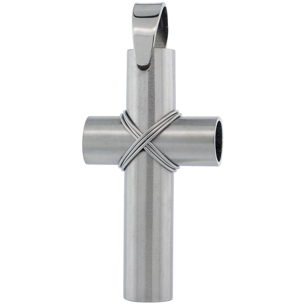Stainless Steel Large Wire Wrapped Tube Cross Pendant, Free Bead Ball Chain