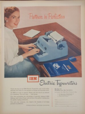 1952 vintage IBM portable typewriter print ad, Lady at desk, blue