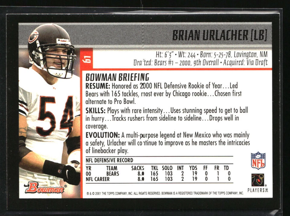 2001 Bowman #61 Brian Urlacher - Image 2 of 2