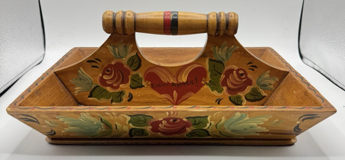 Vintage Folk Art Hand Painted Wooden Cutlery Caddy Primitive Farmhouse Decor