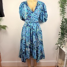Lilly Pulitzer Junie Floral Dress Sz 16 Faux Wrap Midi Puff Sleeves Cotton