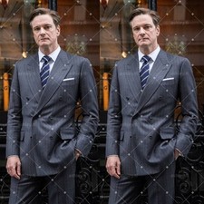 Grey Pinstripe Men's Suits Double-Breasted Peak Lapel Formal Business 2 Pieces