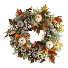 Lamb Ear Fall Harvest Pumpkin & Maple Leaf Thanksgiving Front Door Wreath 18"