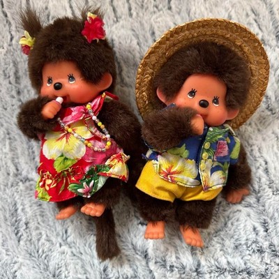 【激レア！】　モンチッチ ✖️ ハワイアンズ　 Hawaiians Rare Monchhichi Set of 2 Plush Toys Hawaiian Aloha Shirts Straw