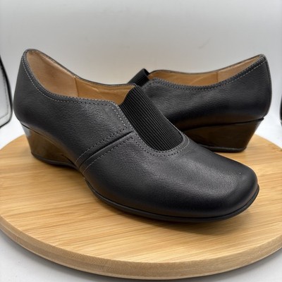 Softspots Womens 8.5M Wedge Elastic Panel Black Leather Round Toe Casual Comfort