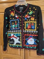 Vtg Designer Originals STUDIO Christmas Sweater Cardigan Embroidered Sz PS