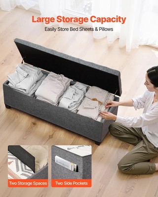 Storage Ottoman Bench, Button-Tufted End of Bed Bench with Side Bags, Flip-up U